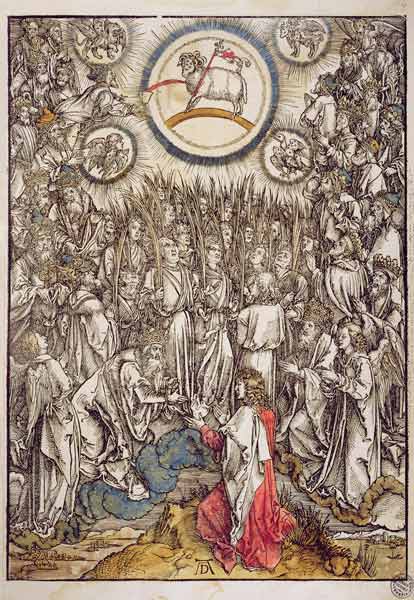 The Lamb of God appears on Mount Sion, 1498 (colour woodcut) a Albrecht Durer