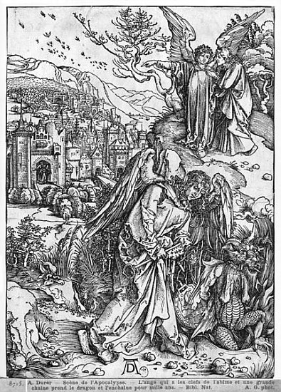 Scene from the Apocalypse, The angel holding the keys of the abyss and a big chain, enchains the dra a Albrecht Durer