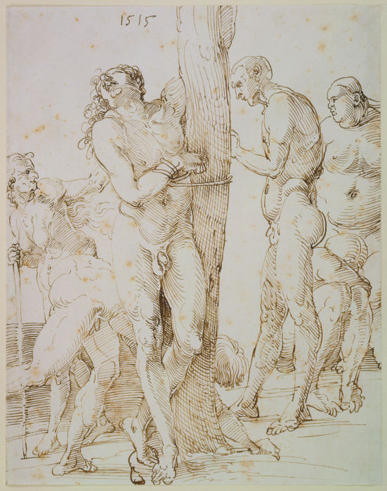 Sechs nackte Figuren, in der Mitte ein an einen Baum gefesselter Mann a Albrecht Durer