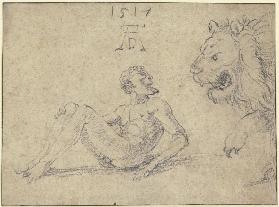 Sitzender nackter Mann mit einem Löwen