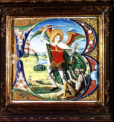 Historiated initial 'B' depicting St. Michael and the Dragon, 1499-1511 (vellum) a Alessandro Pampurino