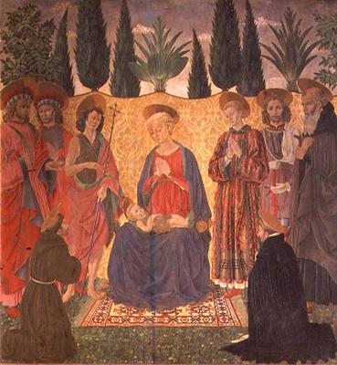 Madonna and Child with SS. Cosmas and Damian, John the Baptist, Lawrence, Julian and Anthony; kneeli a Alesso Baldovinetti
