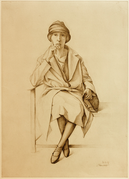 Sitzendes junges Mädchen in Mantel und Hut a Alexander Kanoldt