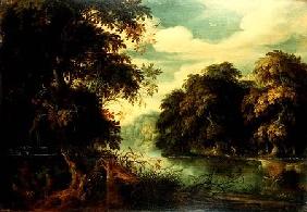 Forest landscape with birdcatchers beside a river (panel)