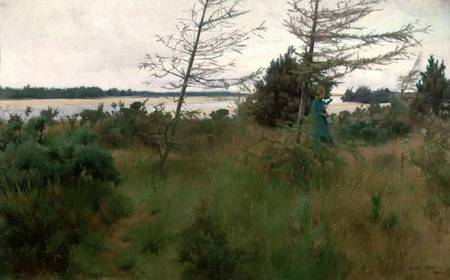 Gathering Firewood by the shore of a lake a Alexander Mann