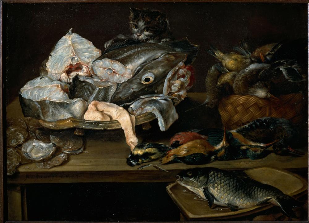 STill Life with Fishes, Seafood, Poultry and Cat a Alexander van Adriaenssen