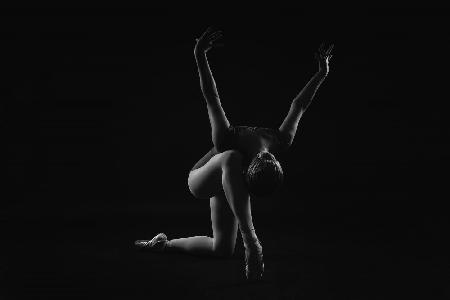 the final time. the ballerina, standing on one knee and leaning forward, spread her arms up