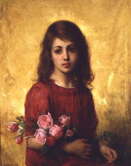 Portrait of a Young Girl holding a Bunch of Roses a Alexei Alexevich Harlamoff