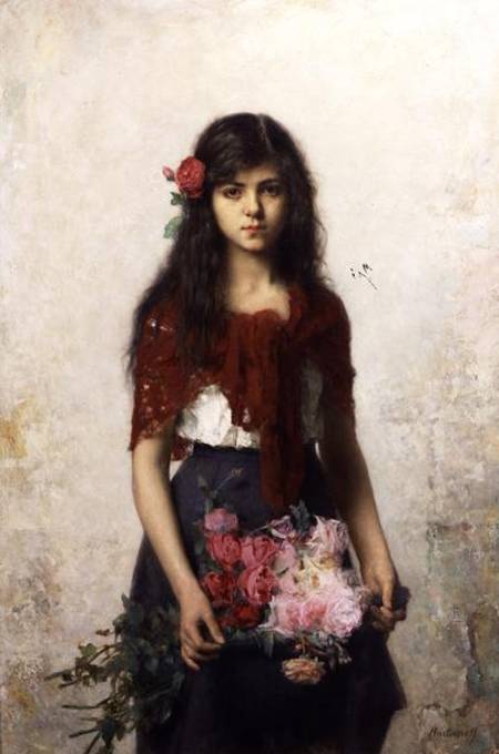 Young girl with blossoms a Alexei Alexevich Harlamoff