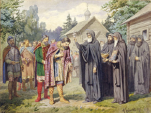 Fürst Dimitry bei Sergej von Radonesch vor der Schlacht gegen die Tataren a Alexej Danilovich Kivschenko