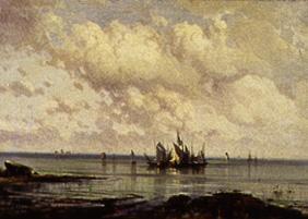 Coastals scene with sailing ships at calm