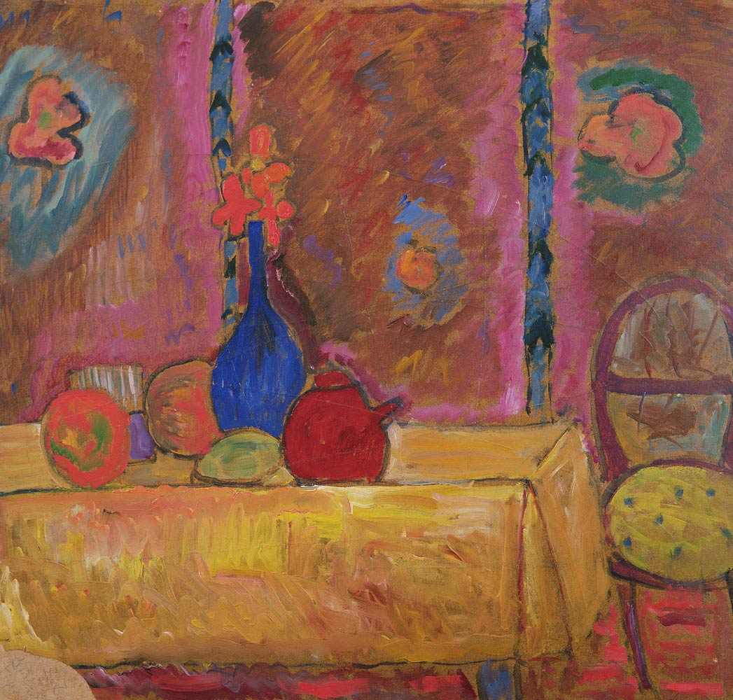 Still Life with Jug and Sculpture on a Table (board) a Alexej von Jawlensky