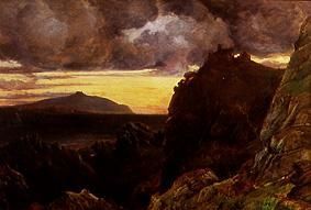 Evening coastal landscape with ruins of a castle a Alfred Clint