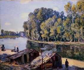 Huts at the Loing channel in the sunlight. a Alfred Sisley