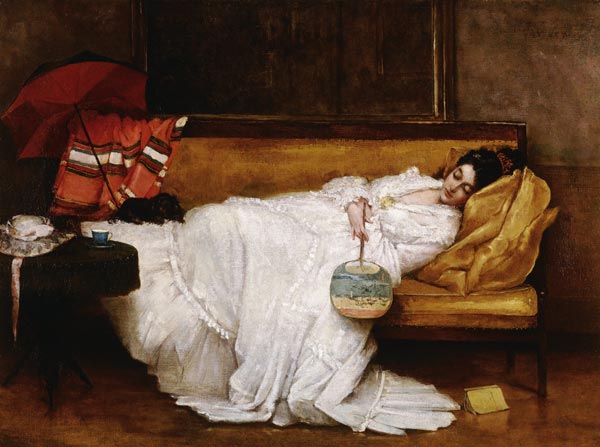 Schlafende junge Frau mit japanischem Fächer. a Alfred Stevens