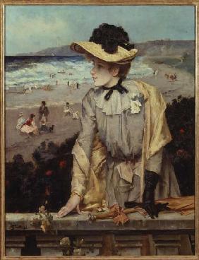 Young woman on the beach (or: Parisienne in front of sea landscape)