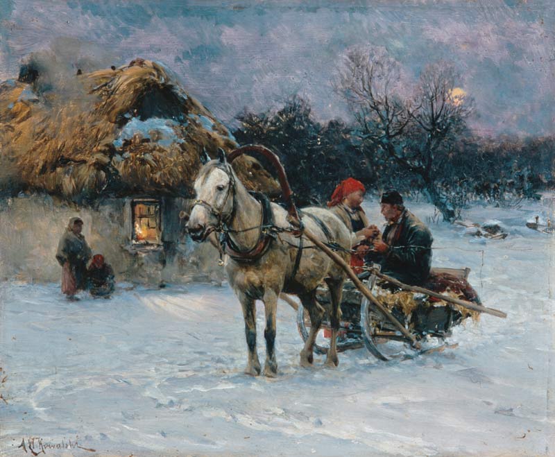 Polish winter landscape with sledges a Alfred von Wierusz-Kowalski