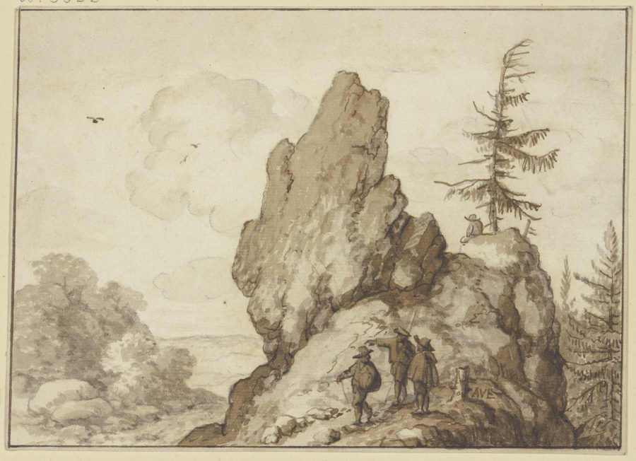 Einzeln stehender Fels mit einer Tanne, dabei drei Männer, ein vierter sitzt unter der Tanne a Allaert van Everdingen