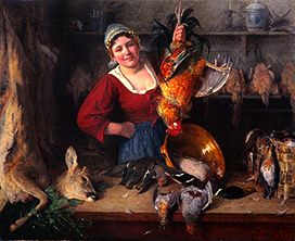 Dutch maid at a sales stand with poultry and deer shot. a Aloys Eckhardt