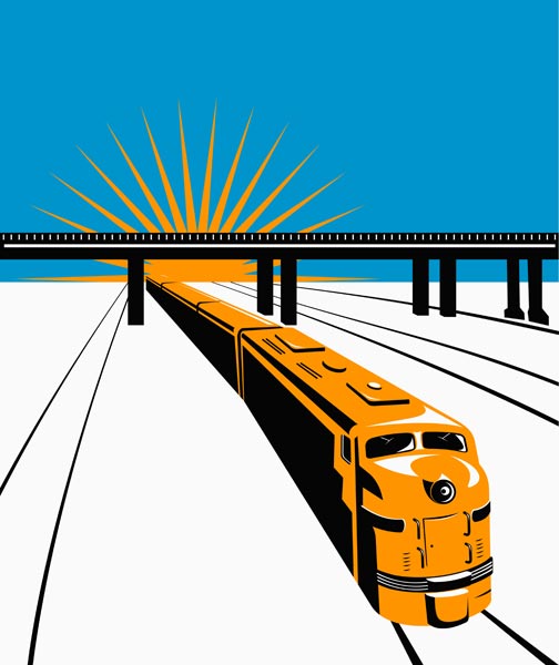 Diesel train with bridge and sunburst a Aloysius Patrimonio