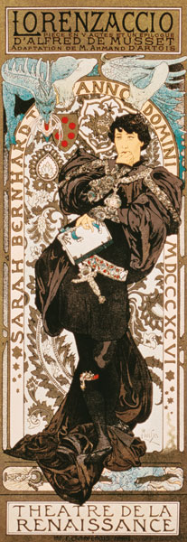Art Nouveau poster for Lorenziaccio of Alfred de must Laly renaissance in the Theatre de a Alphonse Mucha