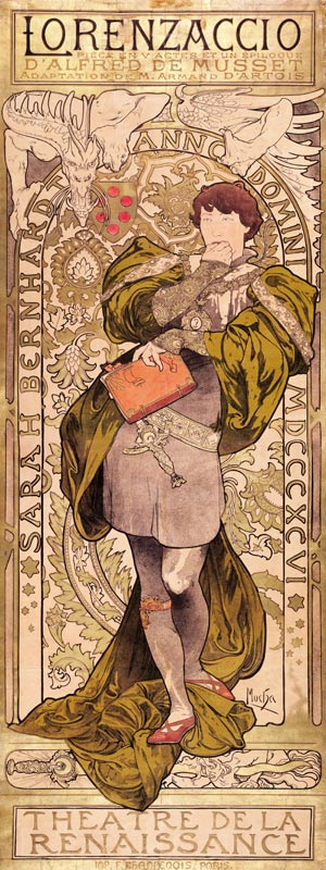 Poster for the theatre play Lorenzaccio by A. de Musset in the Theatre de la Renaissanse (Upper part a Alphonse Mucha