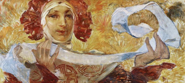 Woman with scarf.  a Alphonse Mucha