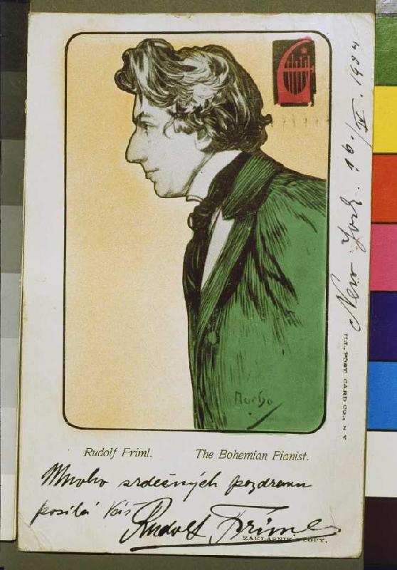 The Bohemian pianist Rudolf Friml postcard with dedication for a concert Tournée of the artist a Alphonse Mucha