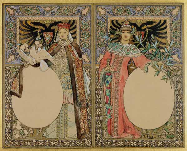 Buch-Illustration mit Frauen in Tracht. a Alphonse Mucha