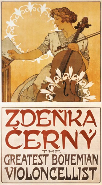 Poster Zdenka Cerny, The Greatest Bohemian Violoncellist a Alphonse Mucha