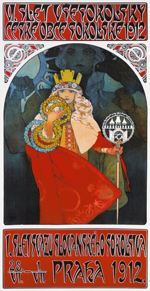 Plakat zum 6. Treffen der tschechischen Sokol-Vereinigung, Prag 1912.  a Alphonse Mucha