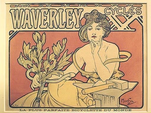Verkehr / Fahrrad: - ''Waverley Cycles''. - (Werbung fuer Waverley Fahrraeder). Plakat, 1898,von Alf a Alphonse Mucha
