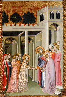 Triptych of the Coronation of the Virgin, right panel depicting the Virgin returning to her family h a also Manfredi de Battilori Bartolo di Fredi