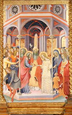 Triptych of the Coronation of the Virgin, left wing depicting the Marriage of the Virgin (oil on pan