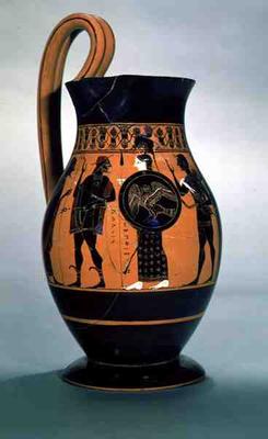 Attic black-figure olpe depicting Athena Confronting Poseidon, 6th century BC (pottery) a Amasis Painter