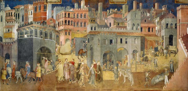 Effects of Good Government in the city (Cycle of frescoes The Allegory of the Good and Bad Governmen a Ambrogio Lorenzetti
