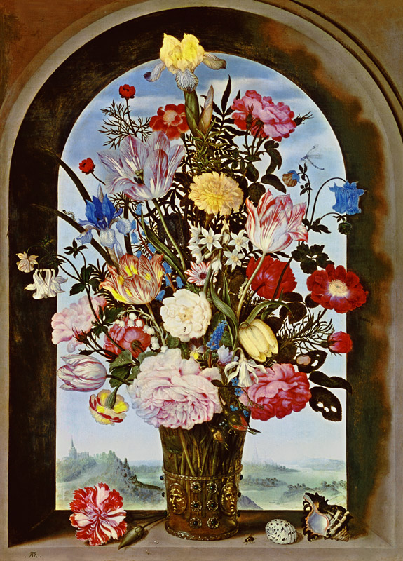 Bouquet of flowers in the window a Ambrosius Bosschaert