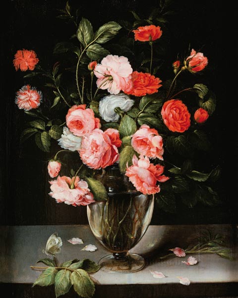 Rosen und Nelken in einer Glasvase auf einem Sims. a Ambrosius Brueghel