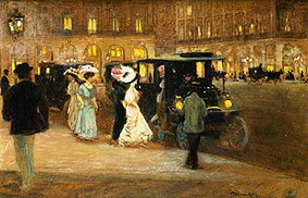 Evening town scene getting in the motor vehicles a Amedée Julien Marcel-Clement