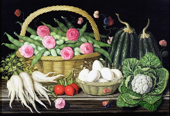 Eggs, broad beans and roses in basket a  Amelia  Kleiser