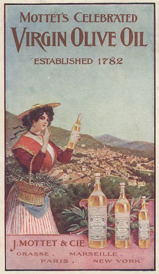 Advertisement for Mottet's Celebrated Virgin Olive Oil a Scuola Americana
