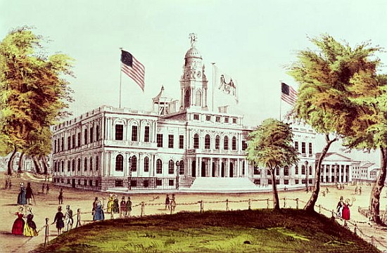 City Hall, New York; engraved by Nathaniel Currier (1813-88) a Scuola Americana