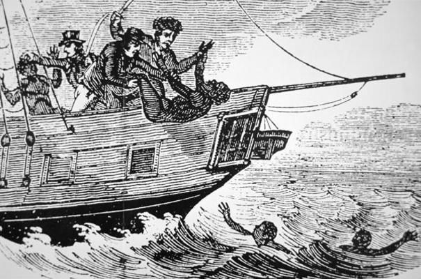 Dumping slaves overboard due to reasons ranging from sickness to rebellion (engraving) a Scuola Americana