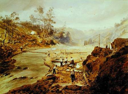 'Fortyniners' washing gold from the Calaveres River, California a Scuola Americana