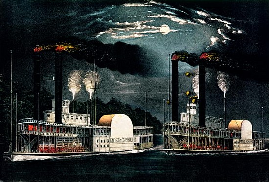 Midnight Race on the Mississippi, published by  Currier and Ives a Scuola Americana
