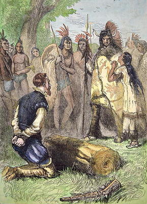 Pocahontas saves the life of John Smith (coloured engraving) a Scuola Americana