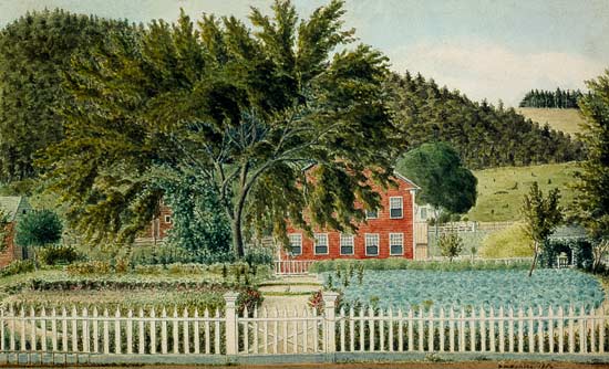 View of a Red House with a Picket Fence a Scuola Americana