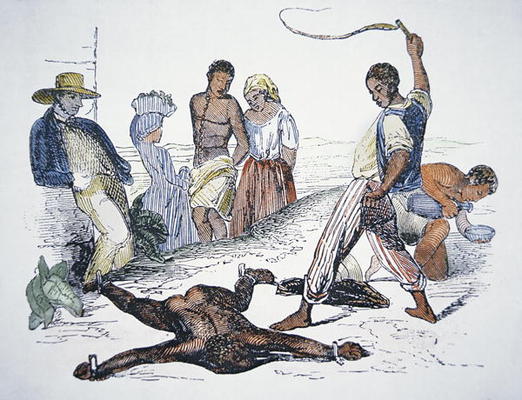 Whipping a slave in punishment (coloured engraving) a Scuola Americana