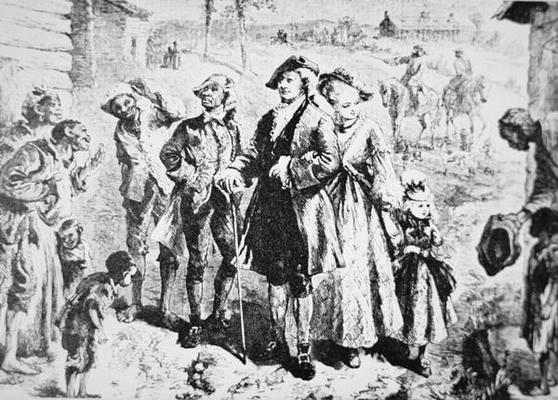 A plantation owner visits his slaves (litho) a American School, (18th century)