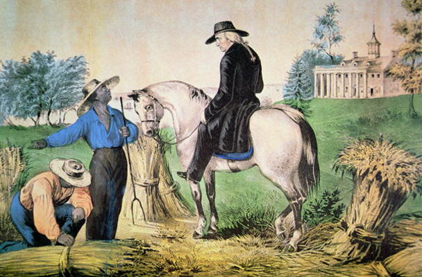 George Washington (1732-99) on his Mount Vernon estate with his black field hands, 1797 (colour lith a American School, (18th century)